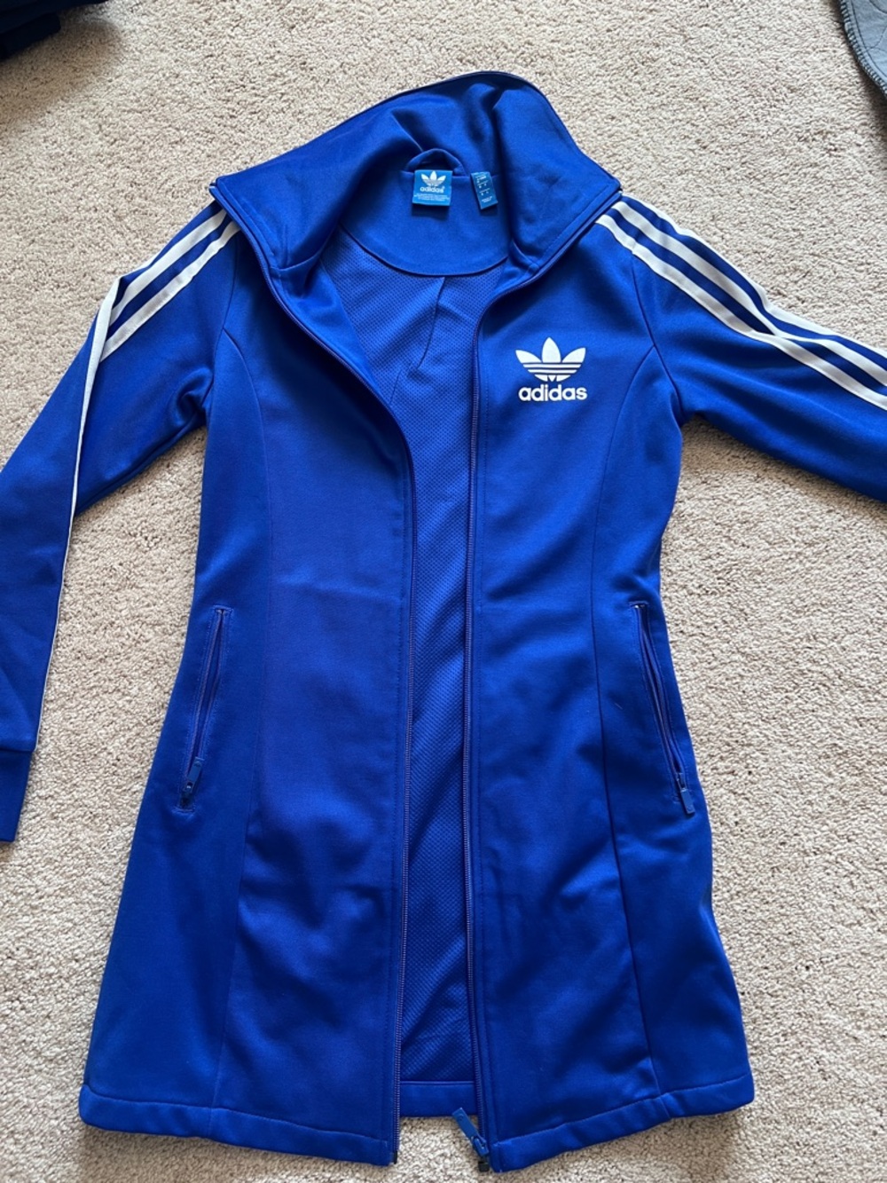 adidas Blue Long Bomber Jacket with White Stripes